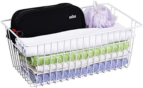 SANNO Freezer Baskets Wire Storage Baskets Closet Baskets Bin Farmhouse Organizer Storage Bins Organization Storage for Home, Office, Bathroom, Pantry -Set of 2, 15.7" White-2P