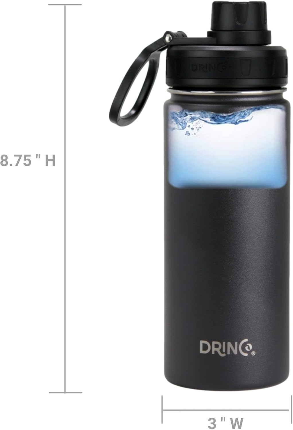 DRINCO Stainless Steel Water Bottle Spout Lid Vacuum Insulated Double Wall Water Bottle Wide Mouth (40oz 32oz 22oz 18oz 14oz) Leak Proof Keeps Cold or Hot (18 oz, 18oz Black)
