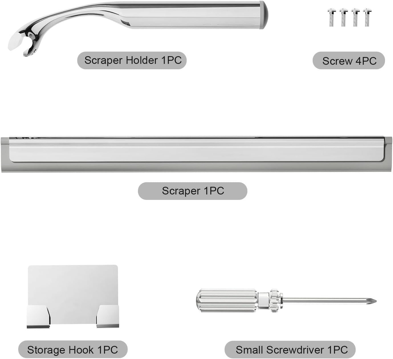 Shower Squeegee for Glass Doors, Stainless Steel Shower Squeegee for Bathroom, Window and Tiles, All-Purpose Squeegee with Adhesive Hook-10”, Chrome