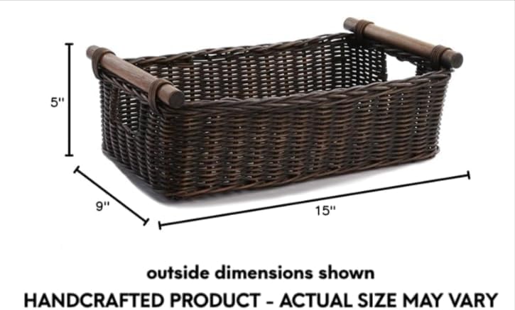 The Basket Lady Low Pole Handle Wicker Storage Basket, Small, 15 in L x 9 in W x 5 in H, Antique Walnut Brown