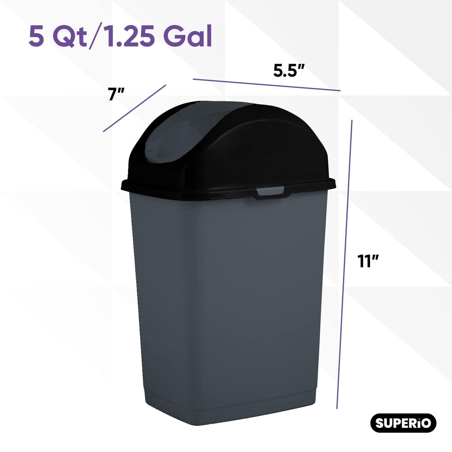 Superio Mini Plastic Trash Can with Swing Top Lid 1.25 Gallon Compact Small Waste Bin Portable Garbage Can for Countertop, Desktop, Make up Vanity, Bathroom, Car, Under Sink, Dorm,(Grey)