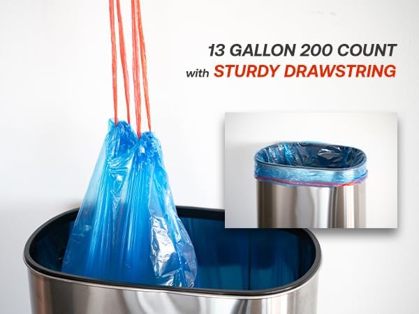 13 Gallon Recycling Trash Bags, 200 Count Drawstring Tall Kitchen Garbage Bags, Pre-Separated, Unscented, Ultra Strong, Leakproof, Sturdy, Translucent Blue