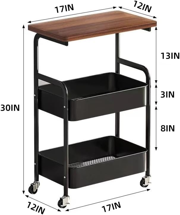 3 Tier Metal Rolling Utility Cart Organizer with Walnut Table Top, Stable and Sturdy Rolling Storage Carts with 2 Lockable Wheels for KitchenοΌBathroomοΌSnacksοΌCoffeeοΌCraftοΌMakeupοΌBaby Essentials