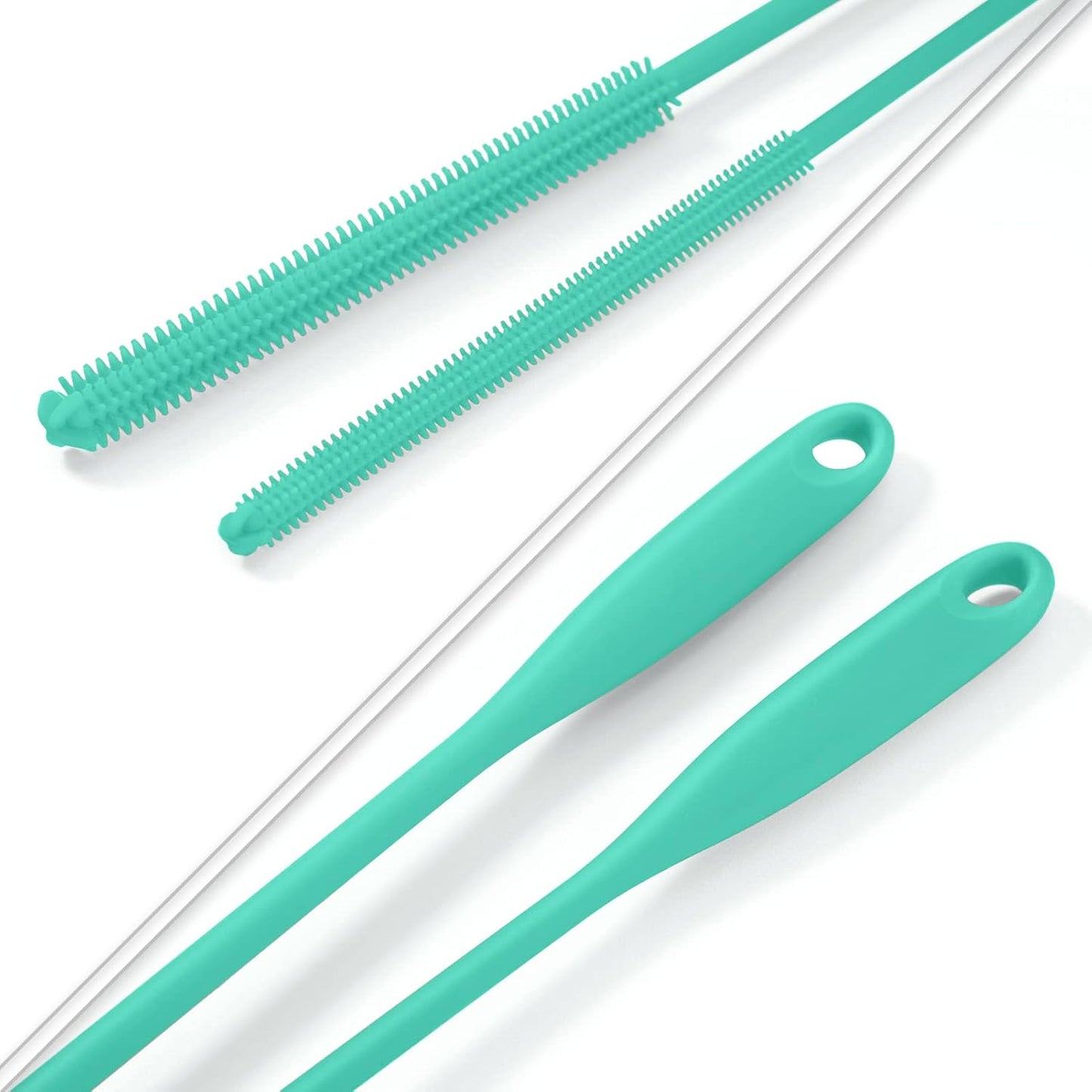 Silicone Straw Brush 4 Pack - (2 Small, 2 Wide) - 10 Inches Reusable Straw Cleaner, Pipe Cleaners, Straw Cleaning Tool for Drinking Straws, Pipes, Tubes, Glass and Detailing (Teal)