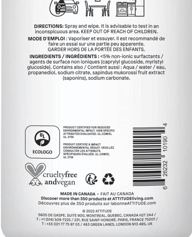 ATTITUDE All Purpose Cleaner Spray, EWG Verified, Vegan, Made with 94% Plant-Based Ingredients