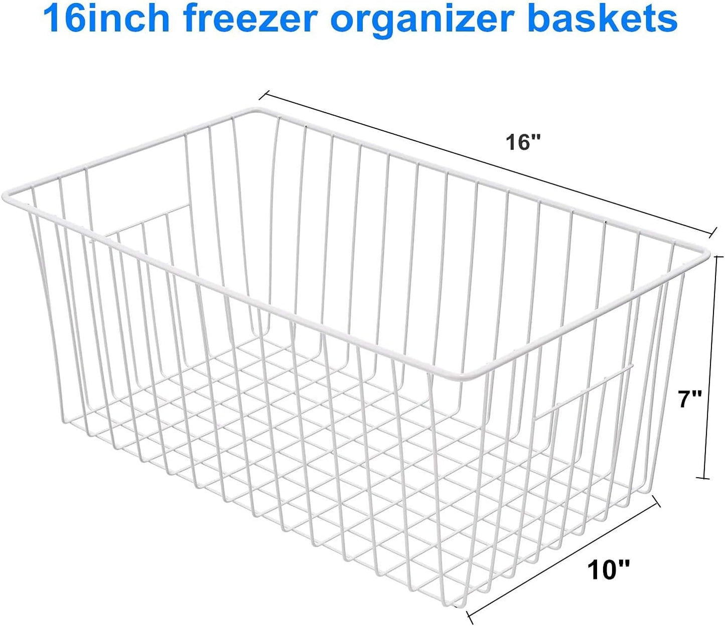 16inch Freezer Wire Storage Organizer Baskets, Household Refrigerator Bins with Built-in Handles for Cabinet, Pantry, Closet