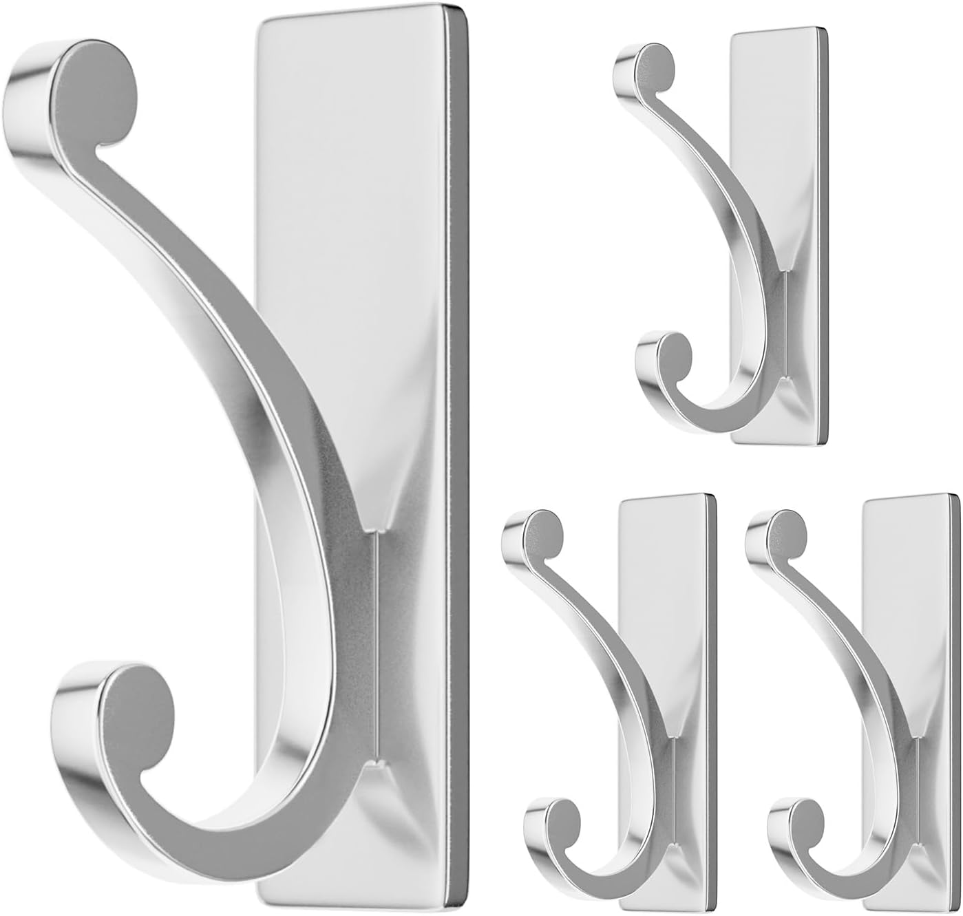Adhesive Wall Hook for Towel/Coat - Extra Sticky 10LB Stainless, Stick on Hanger for Bath or Shower, Matt Silver 4-Pack
