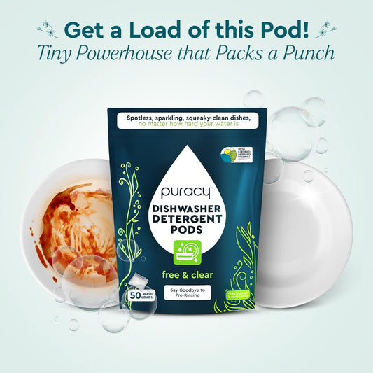 Puracy Dishwasher Pods, Natural Dishwasher Detergent, Free & Clear Dish tabs - Enzyme-Powered, Spot