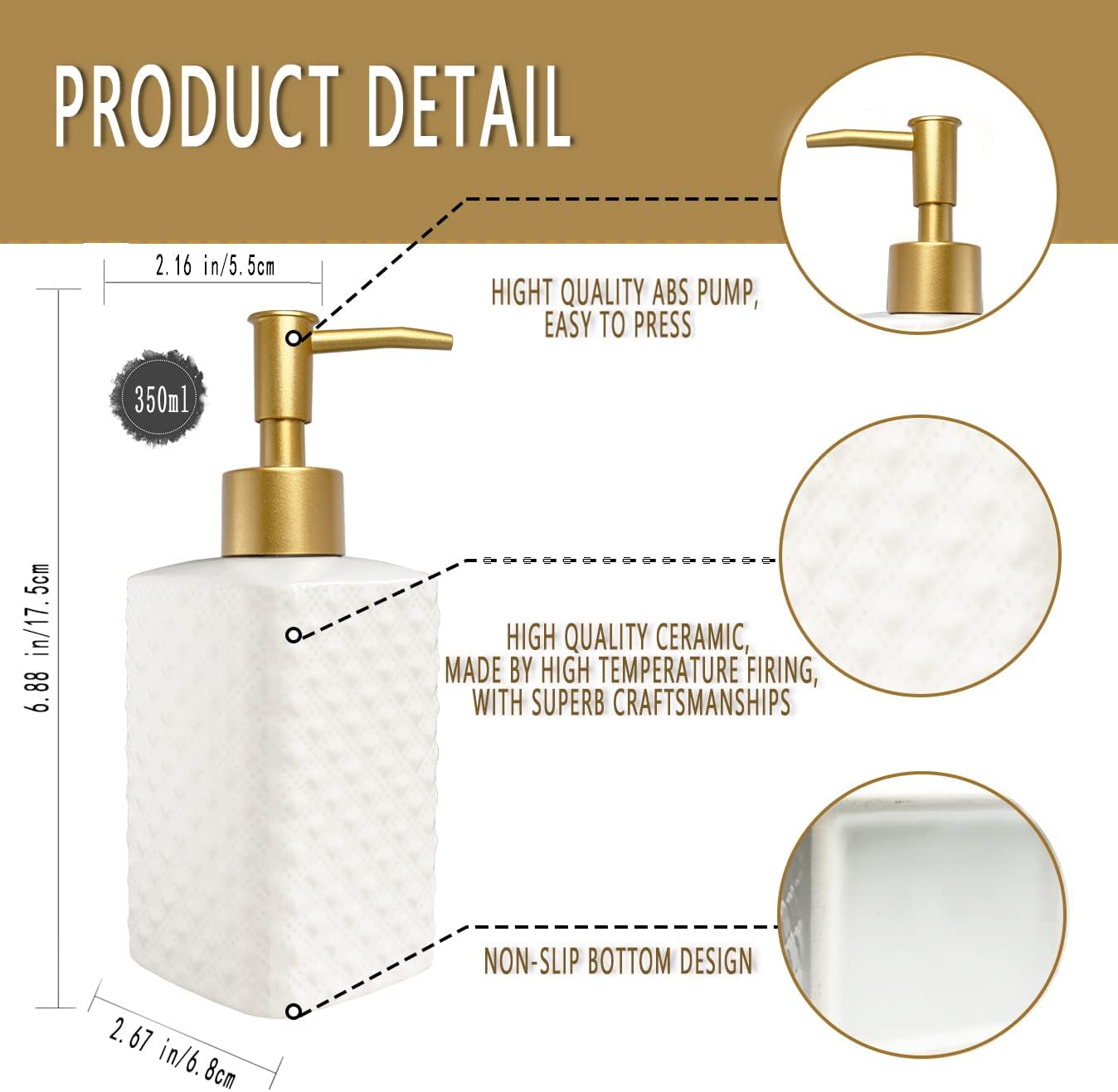Chic Unique White Soap Dispenser for Bathroom with Golden Pump,Lotion Dispenser, Refillable Countertop Ceramic Hand Dispenser,Dish Dispenser for Kitchen 350ml(White Square Bottle)