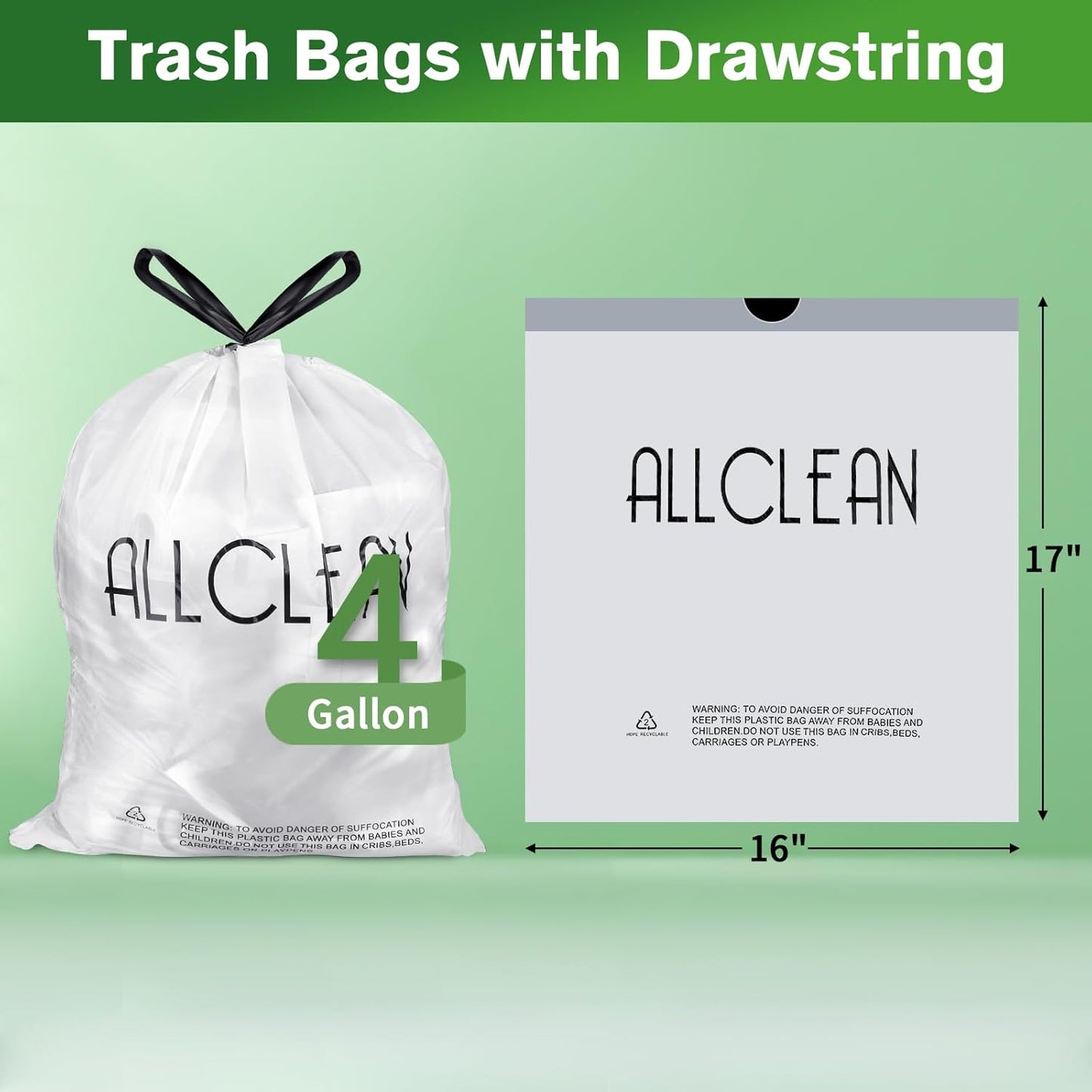 Trash Bags 4 Gallon Small Kitchen Drawstring Bathroom Garbage Bags, Fit 2-4 Gal Bins,Extra Strong&Leak-Proof,Unscented&Recyclable Trash Can Liners for Bathroom Home Office Bedroom Lawn