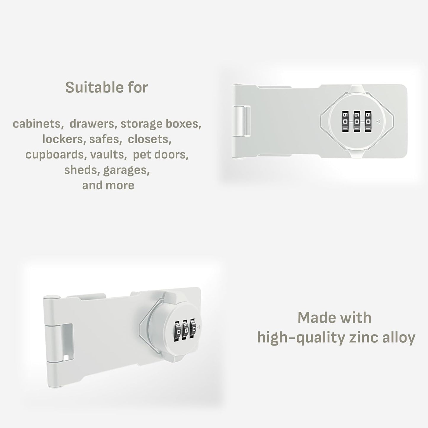 Keyless Combination Lock –3-Digit Combination Lock for Cabinet Doors – Twist Knob Hasp Latch Lock with Password Code – Zinc Alloy Cabinet Door Latch for Kitchen Drawers, Cabinets, Cupboard (White)
