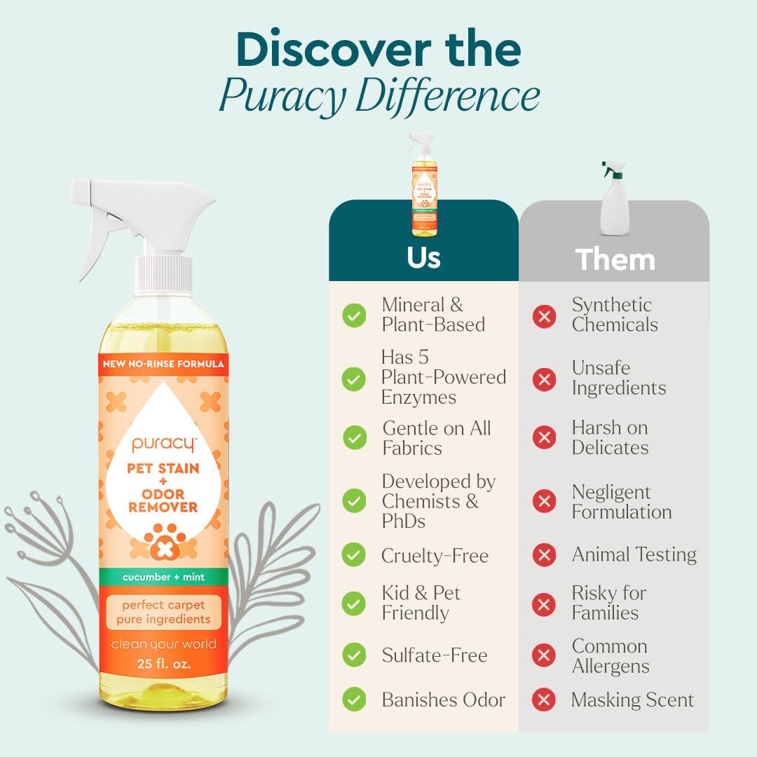 Puracy Pet Stain and Odor Remover - Enzyme Cleaner for Dog Urine and Poop Carpet - Cat Pee Enzyme for Cat Urine Cleaner Destroyer - Cucumber & Mint, 25oz