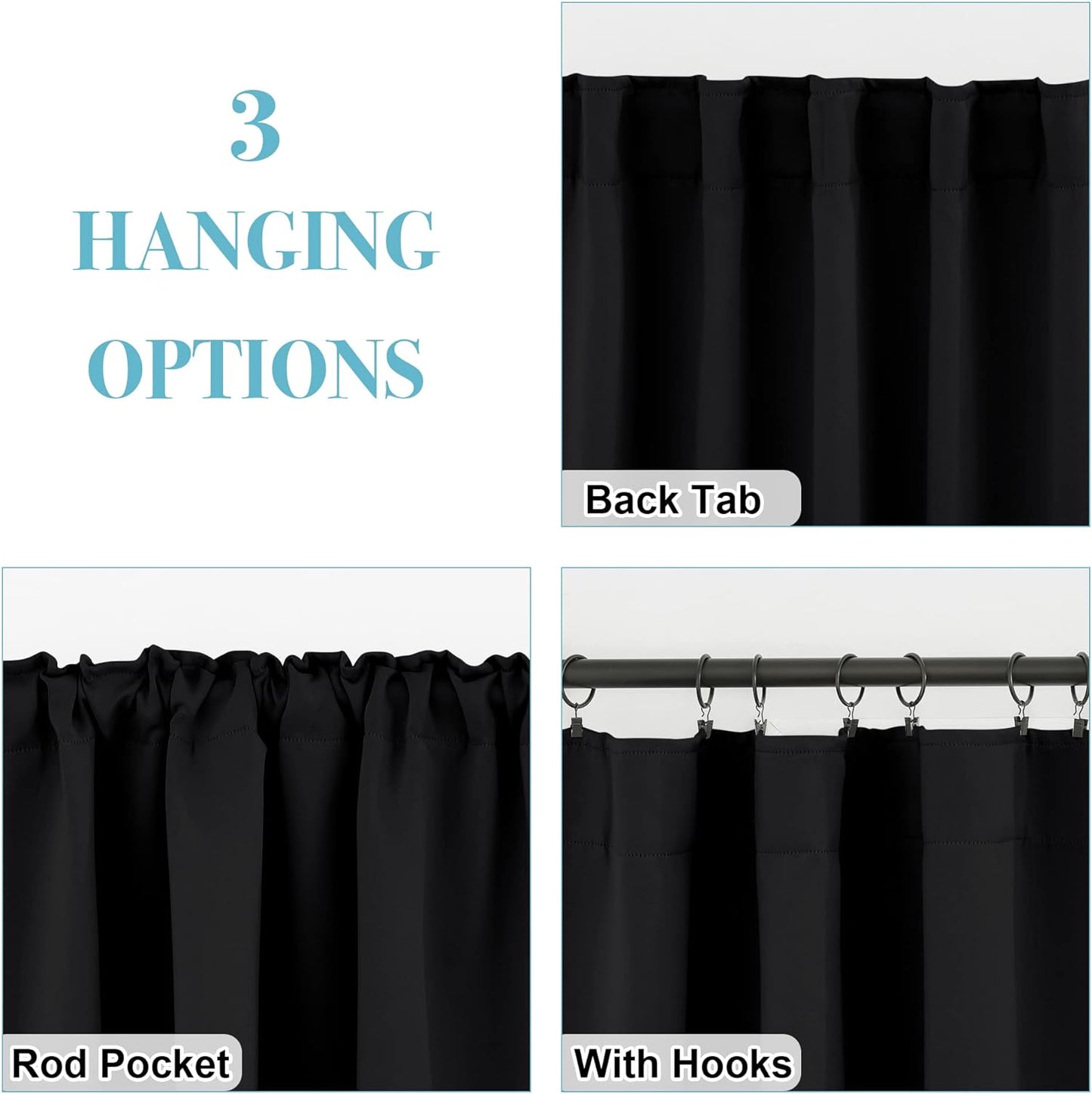 RYB HOME Short Black Curtains for Bedroom, Blackout Thermal Insulated Curtains and Drapes Small Window Treatment Privacy Shades for Kitchen Farmhouse Closet, W42 x L63 inch, 2 Panels