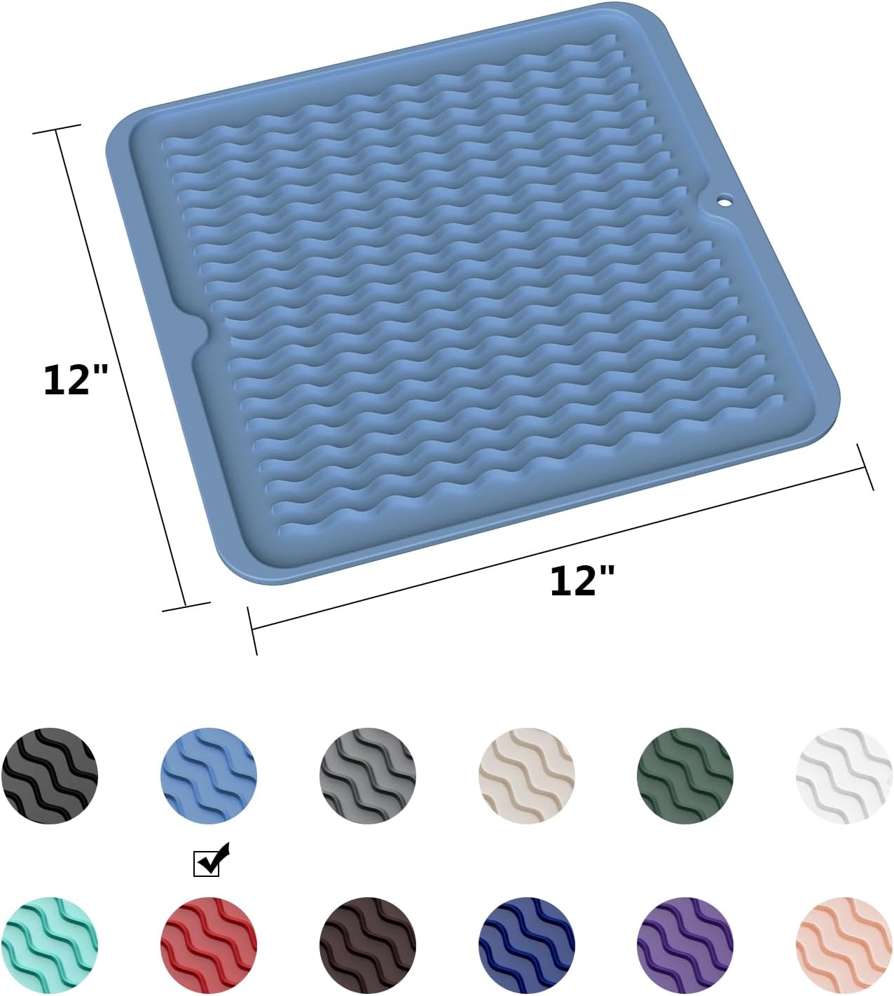 ZLR Silicone Dish Drying Mat for Kitchen Counter, Eco-Friendly Fast Dry Dish Mat, Easy Clean Multi Usage Drying Matt, Heat Resistant Trivet, 12" x 12" Middle, Lichen Blue