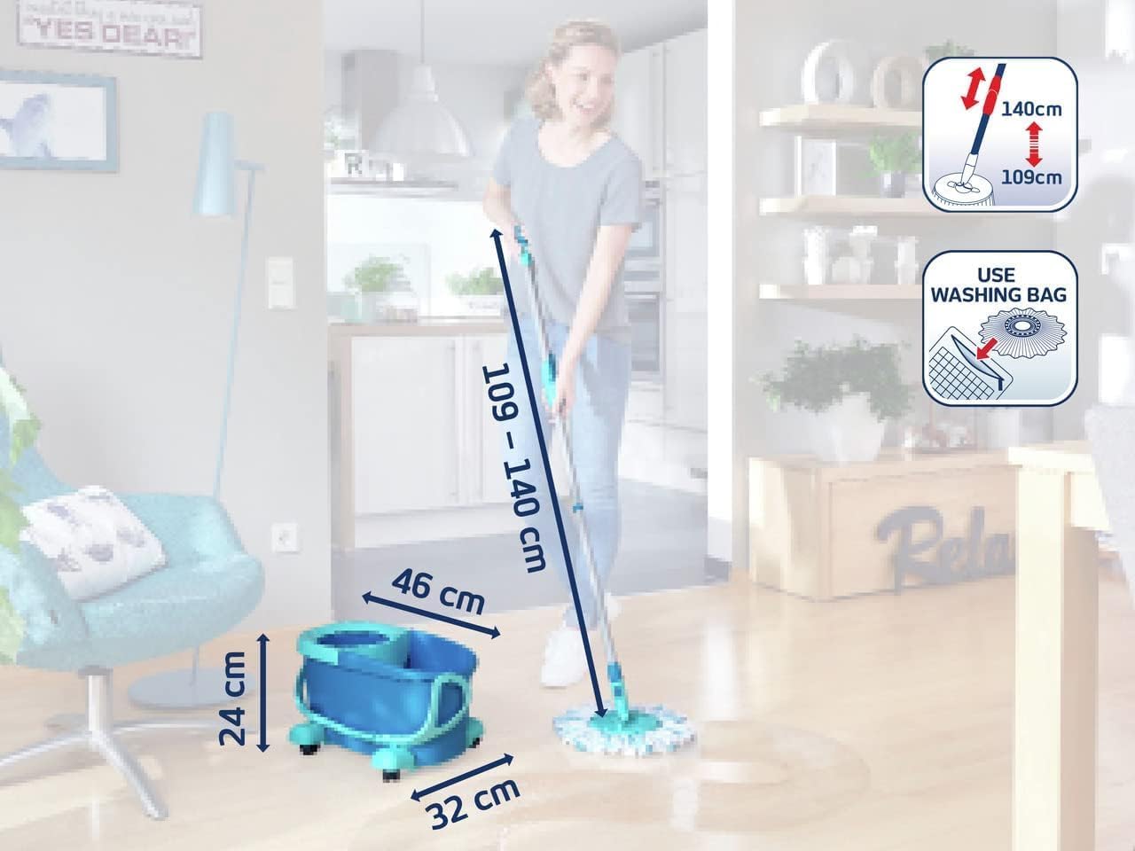 Leifheit Clean Twist Spin Mop and Bucket Set with Rollers | Telescopic Handle, 360ยฐ Joint, Spin-Dry System | Easy Glide Wheels | Blue