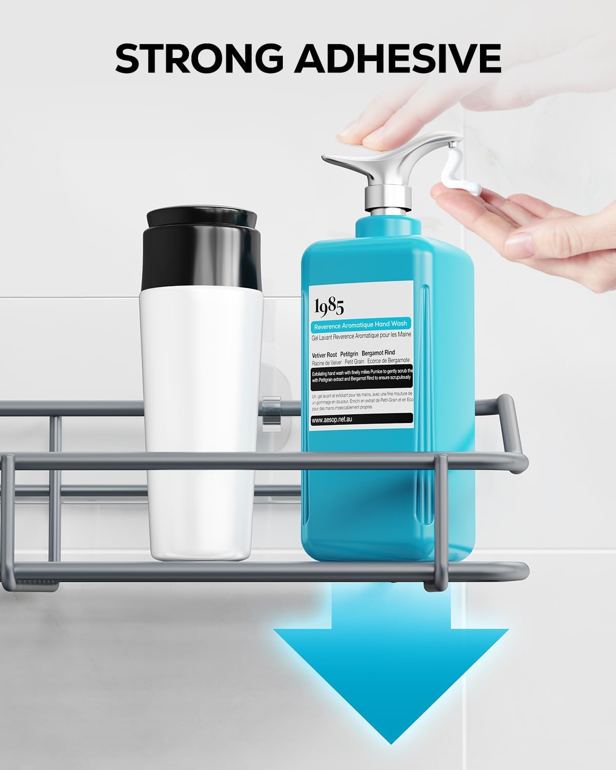 Nieifi Shower Caddy Shelf with Hooks Storage Rack Organizer Adhesive Stainless Steel Without Drilling for Bathroom, Lavatory, Washroom, Restroom, Shower, Toilet, Kitchen - 2 Pack (Gray)