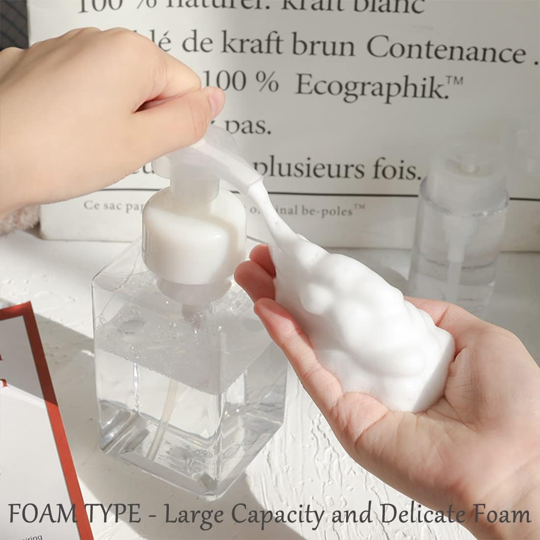 Foaming Soap Dispenser, 450ml(16oz) Refillable Modern Square Pump Bottle for Shampoo, Body Wash, Liquid Soap, PETG Plastic Empty Soap Dispenser for Kitchen, Bathroom, Hospital, Clinic. 2 Pcs (Clear)