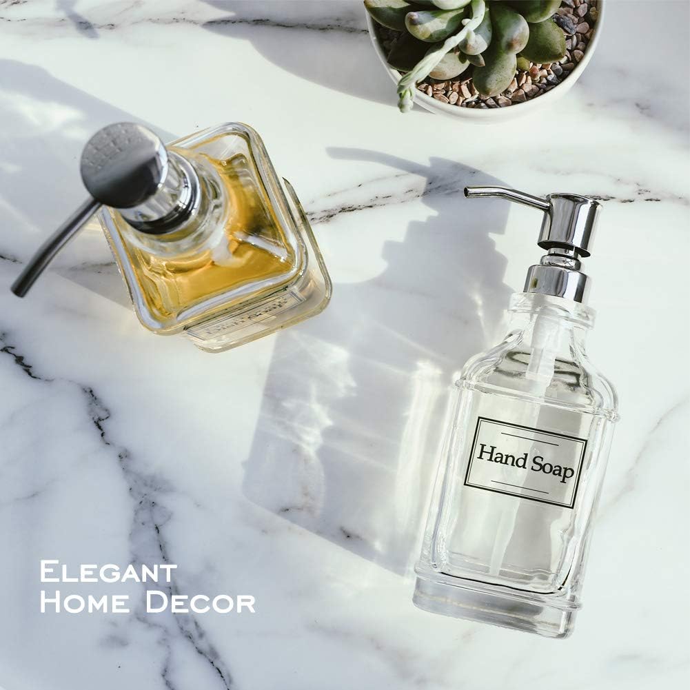 JASAI Antique Design Soap Dispenser with Rust Proof 304 Stainless Steel Pump, Refillable Clear Glass soap Dispenser with 10Pcs Clear Stickers, Premium Kitchen & Bathroom Soap Dispenser