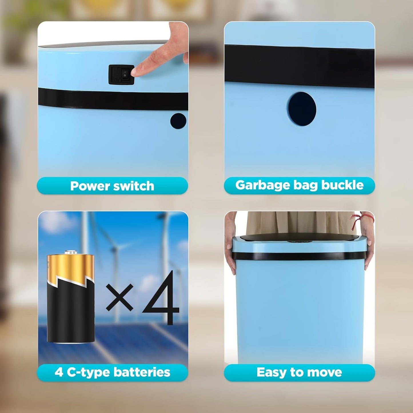 Automatic Motion Sensor Bathroom Trash Can with Lid, 13 Gallon Touchless Trash Bin, Smart Dog Proof Garbage Can, Touch Free Waste Basket for Toilet, Office, Bedroom,Blue,2