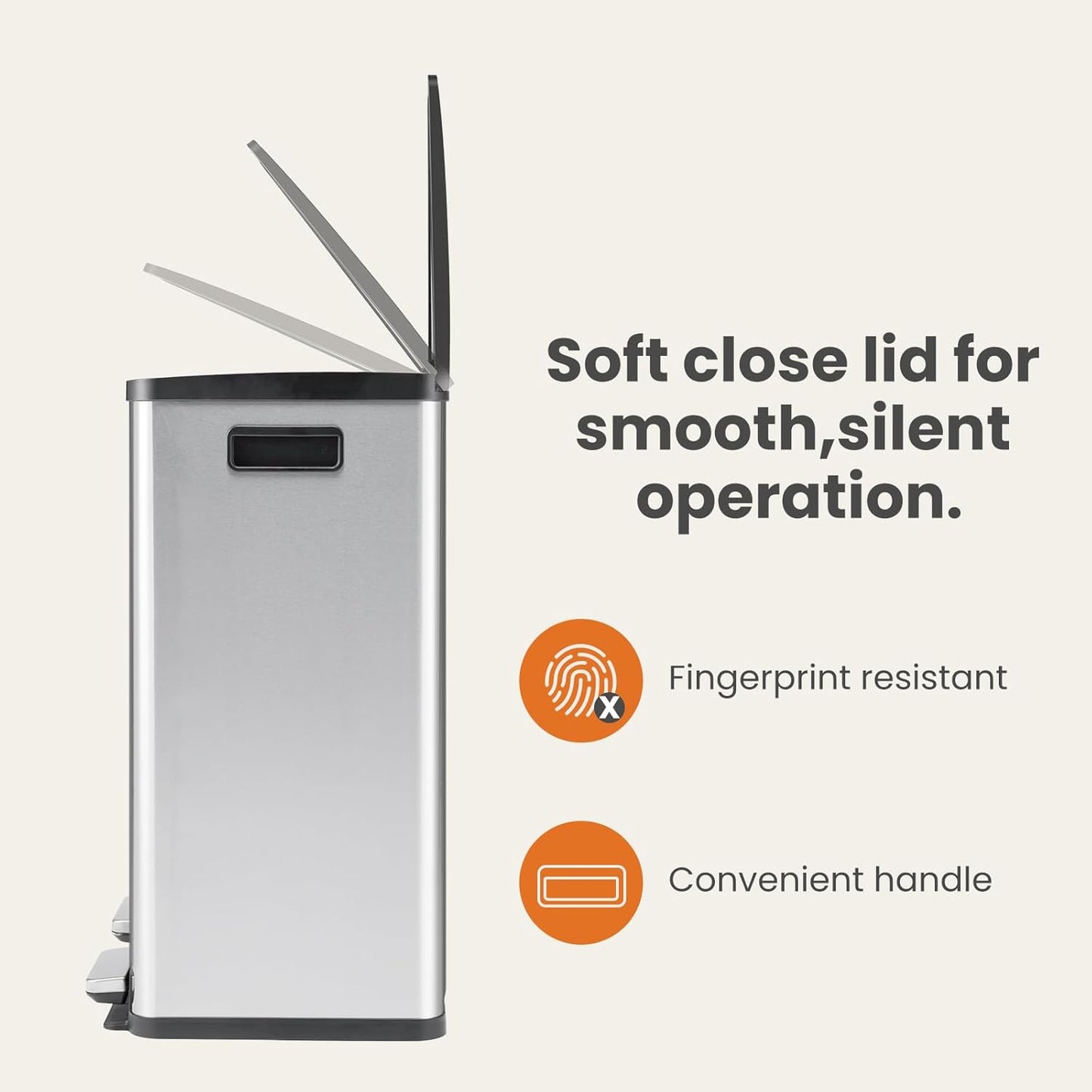 DUMOS Kitchen Trash Can, 2×8-Gallon Garbage Can with Lid, Stainless Steel Trash Bin with 2 Removable Inner Buckets, Soft-Close Foot Pedal, Fingerprint-Resistant for Kitchen Home Office