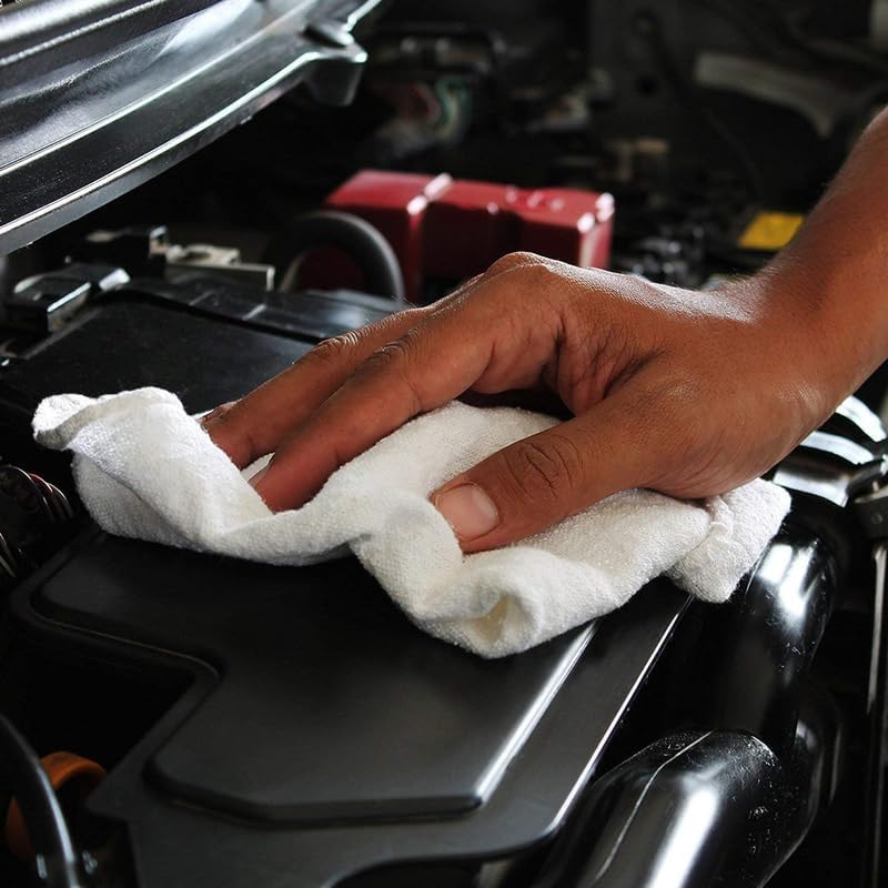 Shop Towels (White, 100-Pack) - Bulk Cleaning Towel in a Bag, Mechanic Cotton Wipes for Car Maintenance, Auto Mechanics & Garage, Wipe Grease & Oil, Machine Wash & Reusable