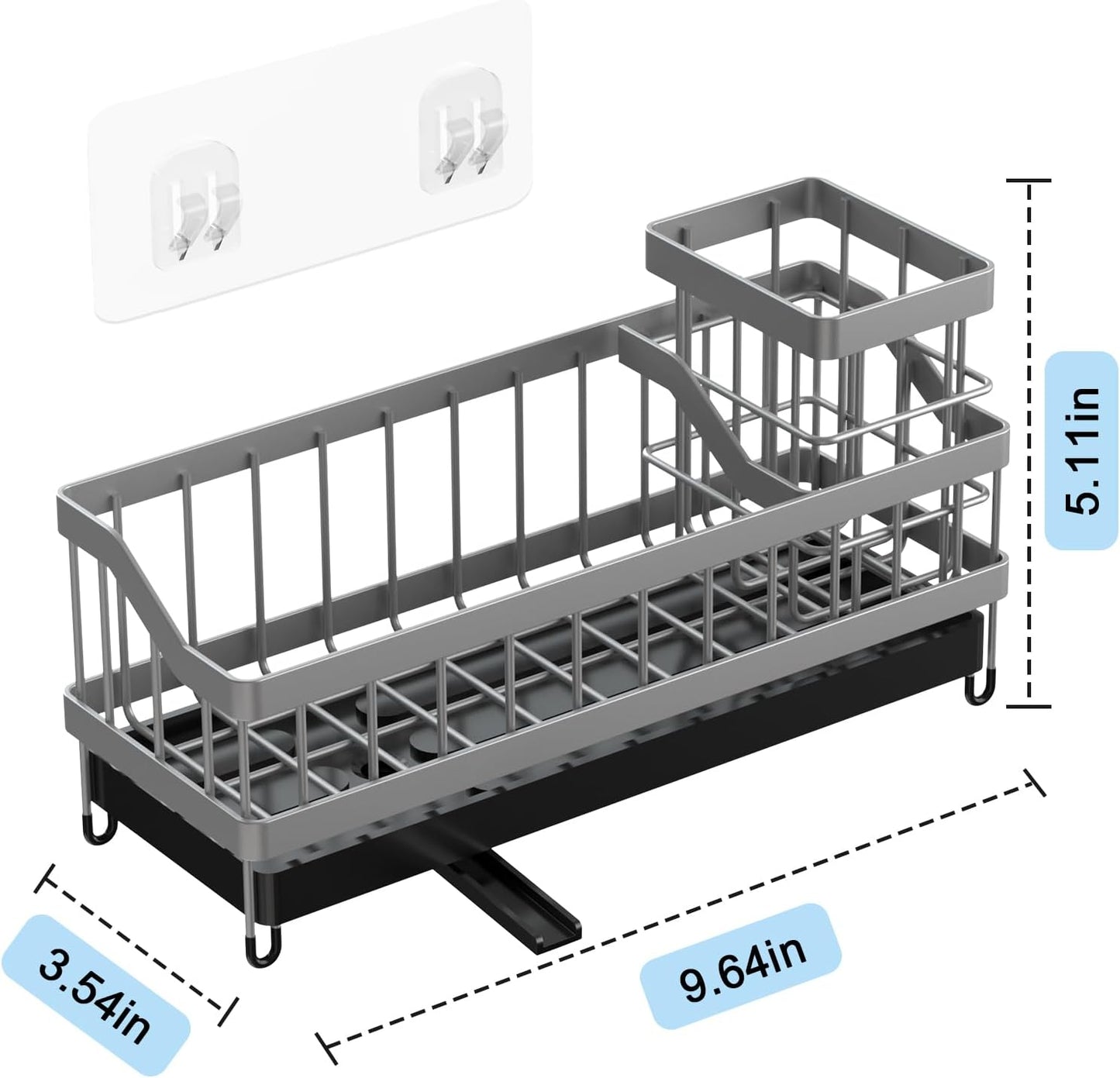 Kitchen Sink Caddy Organizer, Sponge Holder with High Brush Holder, Rustproof and Strong, anti slip, Self Draining spout is ideal,Keep Countertop Cleaning,Grey