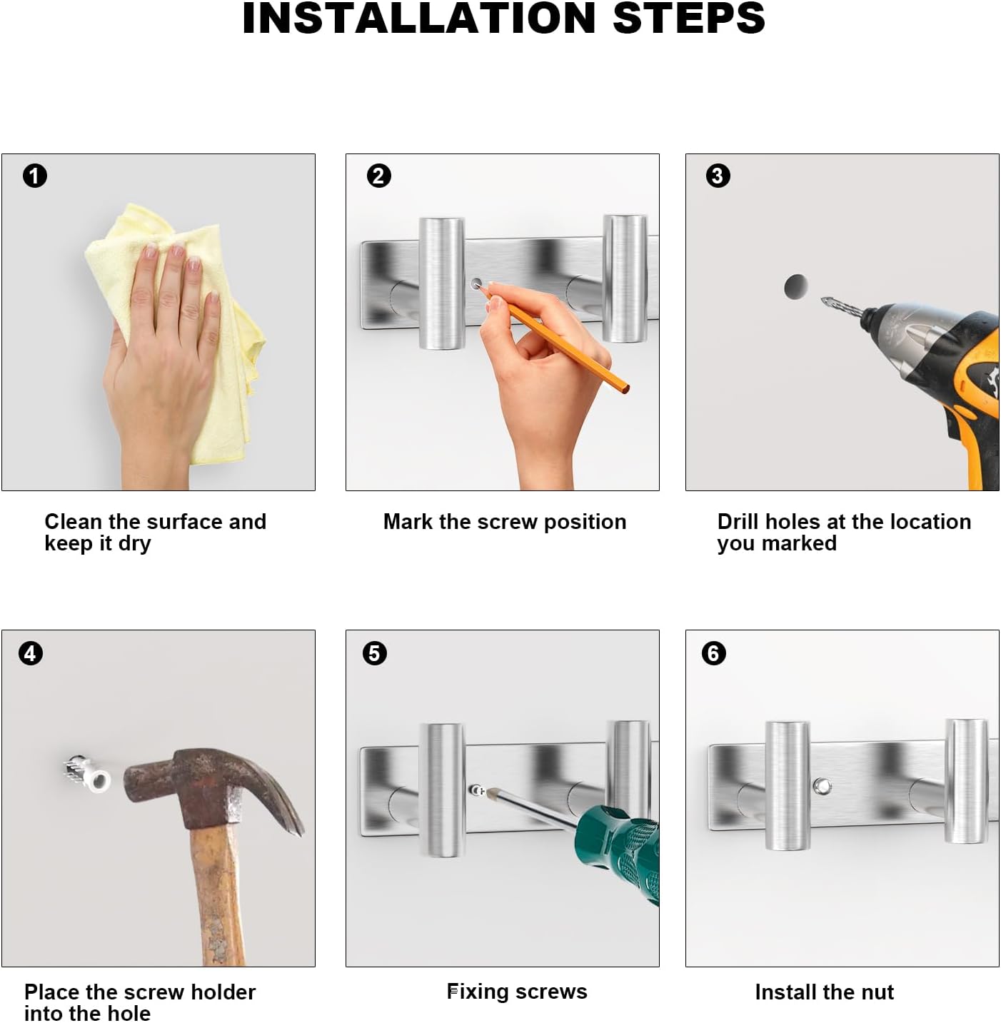 VAEHOLD Silvery Hat and Coat Wall Mount Rack - 3 Hooks for Robes, Bags, Keys, and Towels - Bathroom Towel Hanger Organizer (2 Pack)