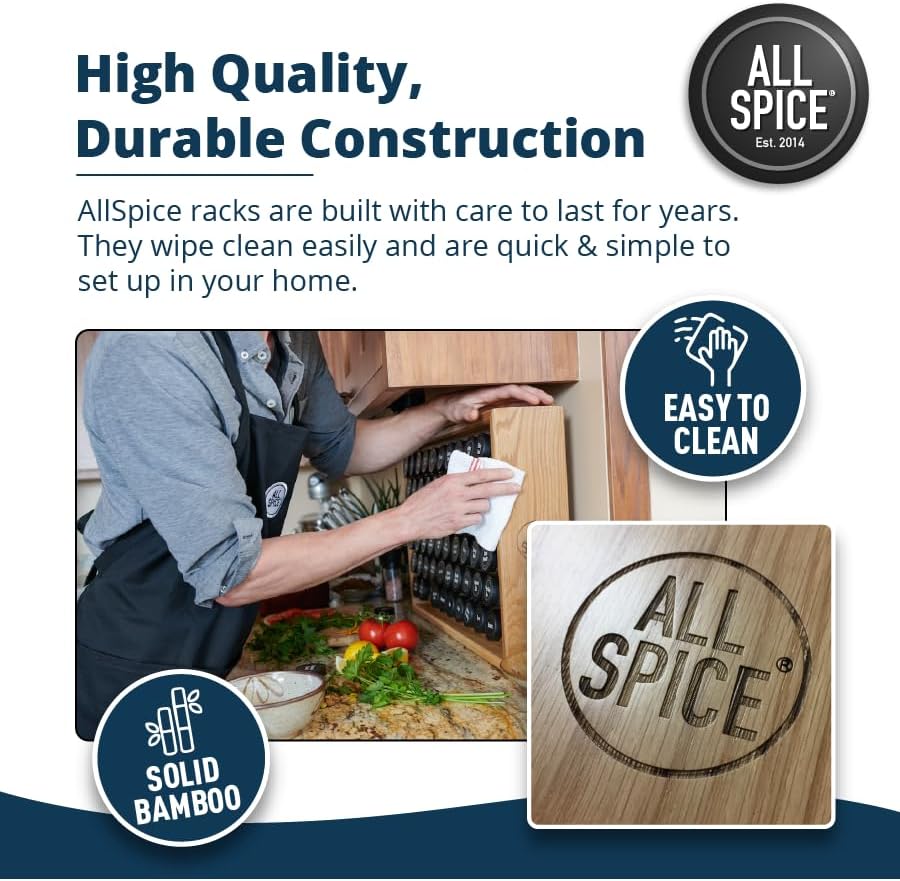 AllSpice Spice Rack Organizer, Wood, 525 Unique Labels, Countertop or Wall Mount, Includes 30 4oz Jars- Walnut Stain