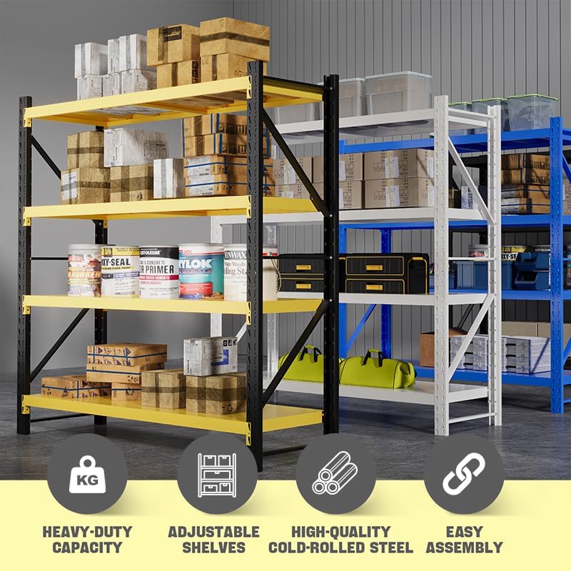 Storage Shelves Heavy Duty, Metal Garage Shelving Units, 4 Tier Storage Rack Shelf, Steel Industrial Shelving, Adjustable Standing Shelf for Basement/Warehouse Yellow and Black, W41.34*D19.69*H78.74