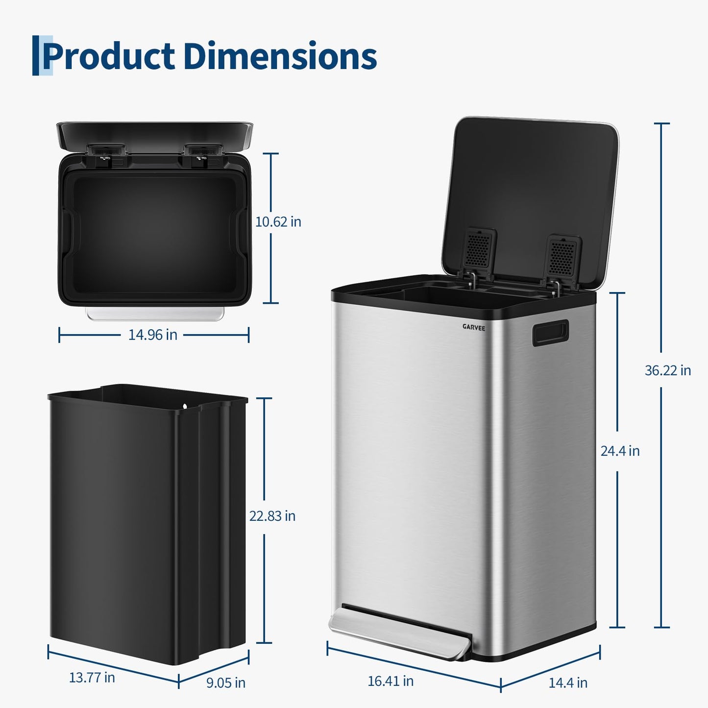 13 Gallon Trash Can Kitchen Garbage Bin with Removable Inner Buckets 50L Stainless Steel Step-on