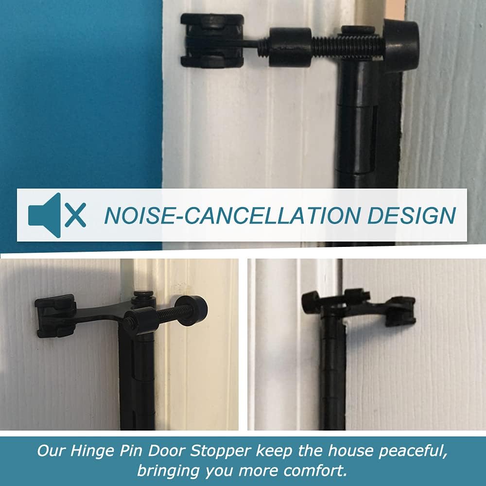 4 Pack Hinge Pin Black Door Stopper, Adjustable Heavy Duty Hinge Pin Door Stop with Black Rubber