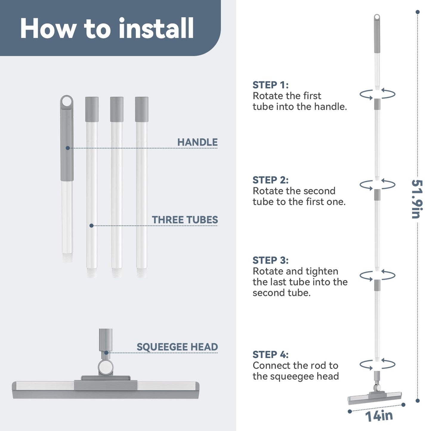 Floor Squeegee with 180° Rotating Head, Squeegee for Floor with 52'' Long Handle, Squeegee Broom