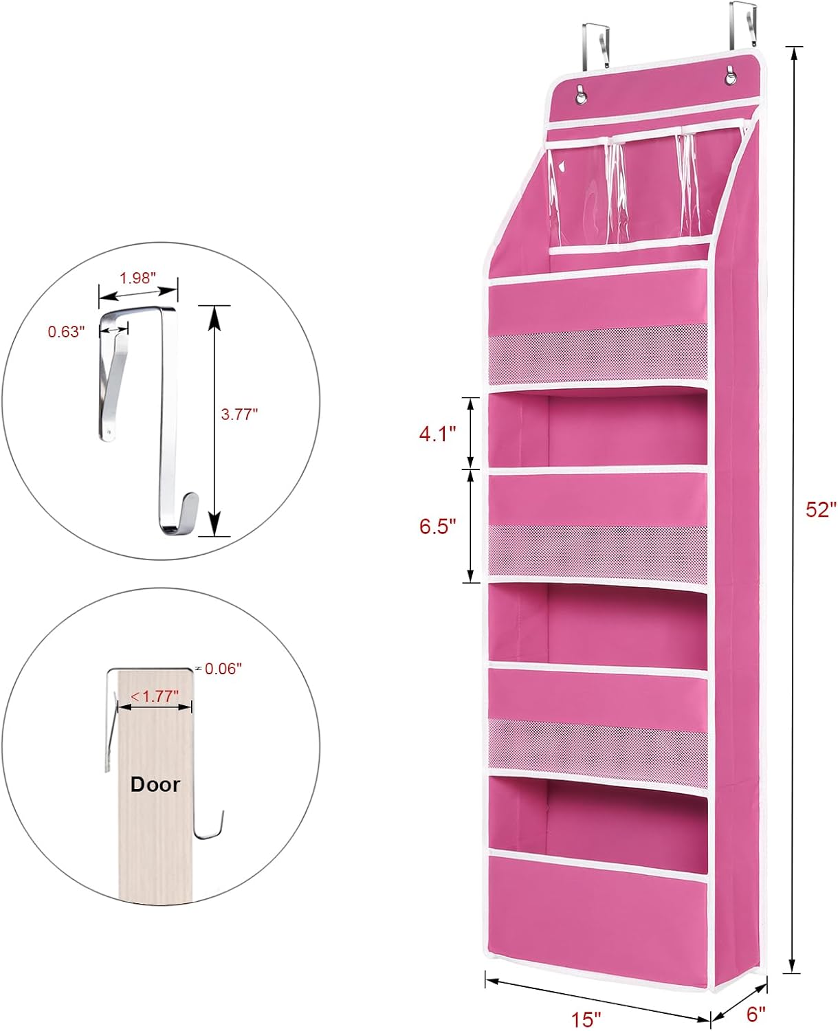Univivi 5-Shelf Fabric Door Storage Over Door Hanging Organizer with 4 Large Pockets and 3 Small PVC Pockets Nursery Closet Cabinet Wall Mount Hanging Storage Organizers for Baby Nursery (Pink)
