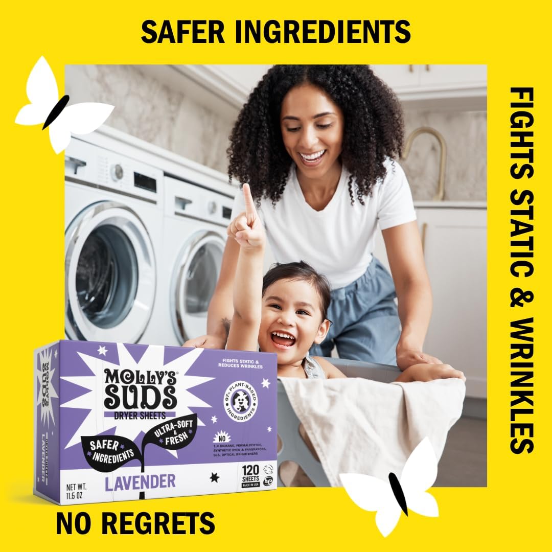 Molly's Suds Fabric Softener Dryer Sheets for Sensitive Skin | Plant-Based Static Reducer, Plastic-Free Packaging | Lavender (120 Sheets)