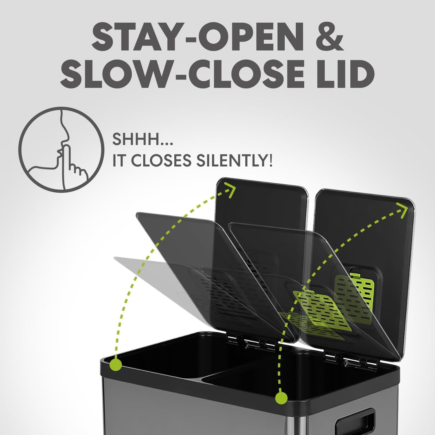 SIMPLI-MAGIC 16 Gallon (60L) Elegant Black Step Trash Can – Dual Compartment Kitchen Garbage Can with Waste & Recycling Bins – Slow-Close Lid, Odor Control, Hands-Free, Premium Stainless Steel