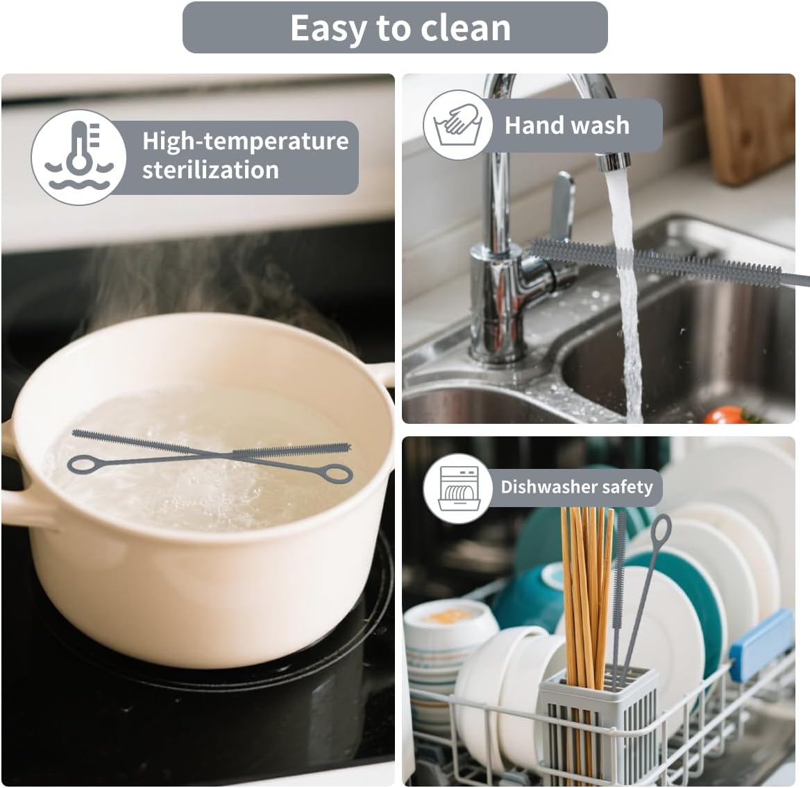 4PCS Silicone Straw Cleaner Brush, Reusable Straw Brush Extra Long for Cleaning Glass Metal Smoothie Straws and Cups, Non-Slip Handle Soft and Bendable, 2 PCS 6mm+2 PCS 9mm, Grey