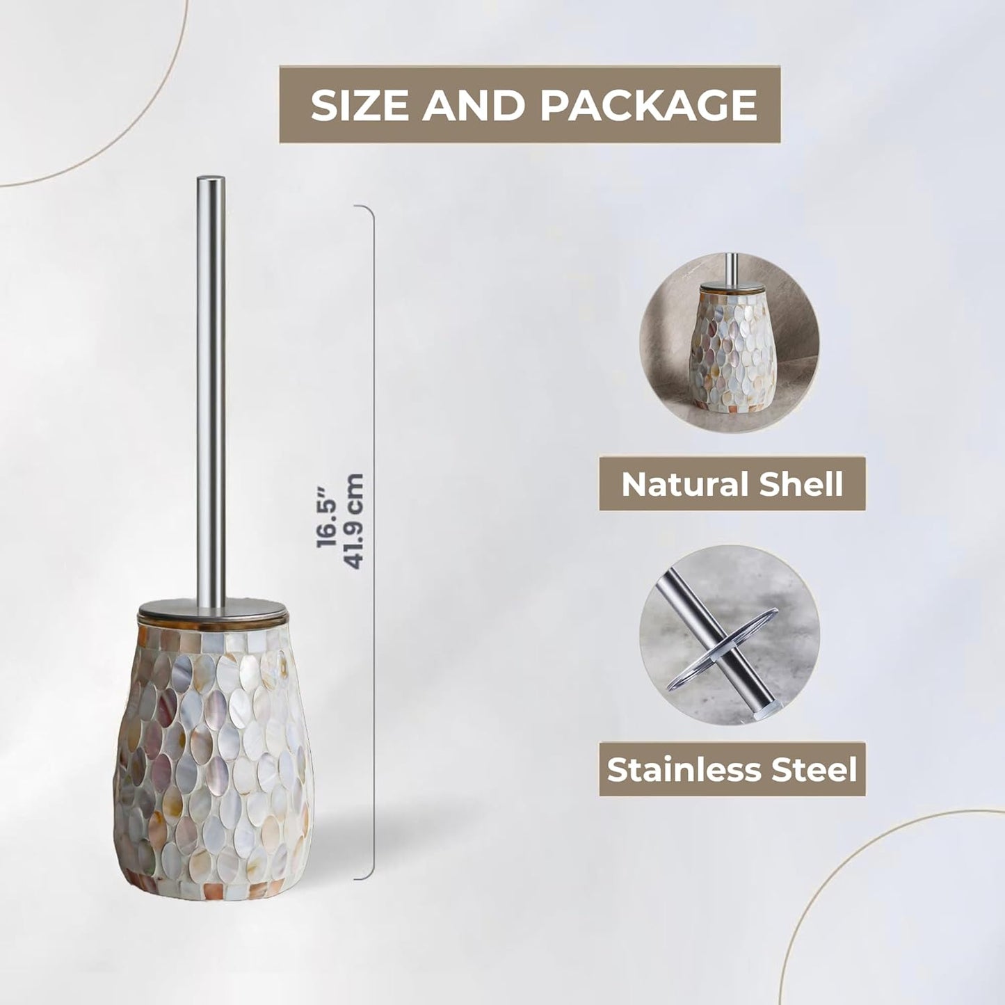 Escenzy Modern Toilet Brush and Holder Set | Natural Shell Mosaic Glass | Non-Rustic Stainless Steel | Practical & Decorative Toilet Bowl Brush and Holder | Luxury Bathroom Accessories