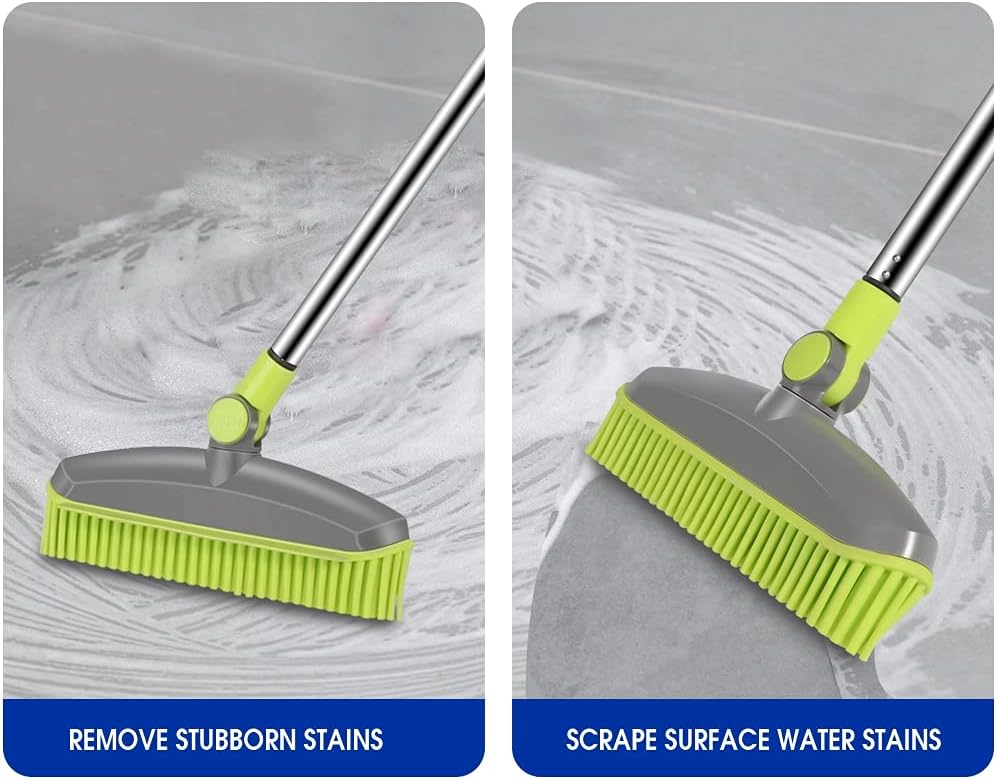Adjustable Rubber Push Broom and Dustpan Set,Self Cleaning Indoor Outdoor Angle Brooms with Dust pan for Home,Long Handle for Floor Sweeping, Kids,Carpet Dog Cat Pets Offices Use