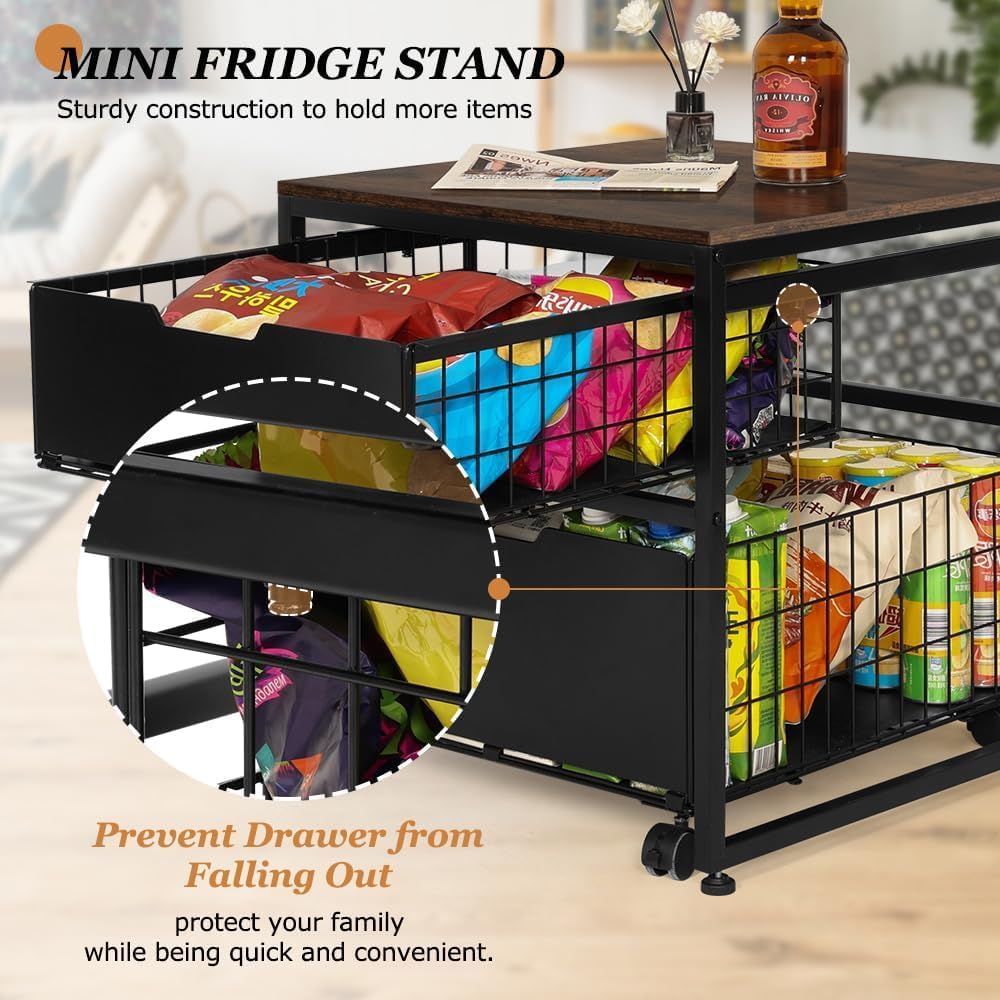 Mini Fridge Stand with Storage Drawer, 21.7”x21.7” Heavy Duty Mini Fridge Table with Wheels, Rolling Beverage Cart with Basket for Home, Office, Bedroom, Brown