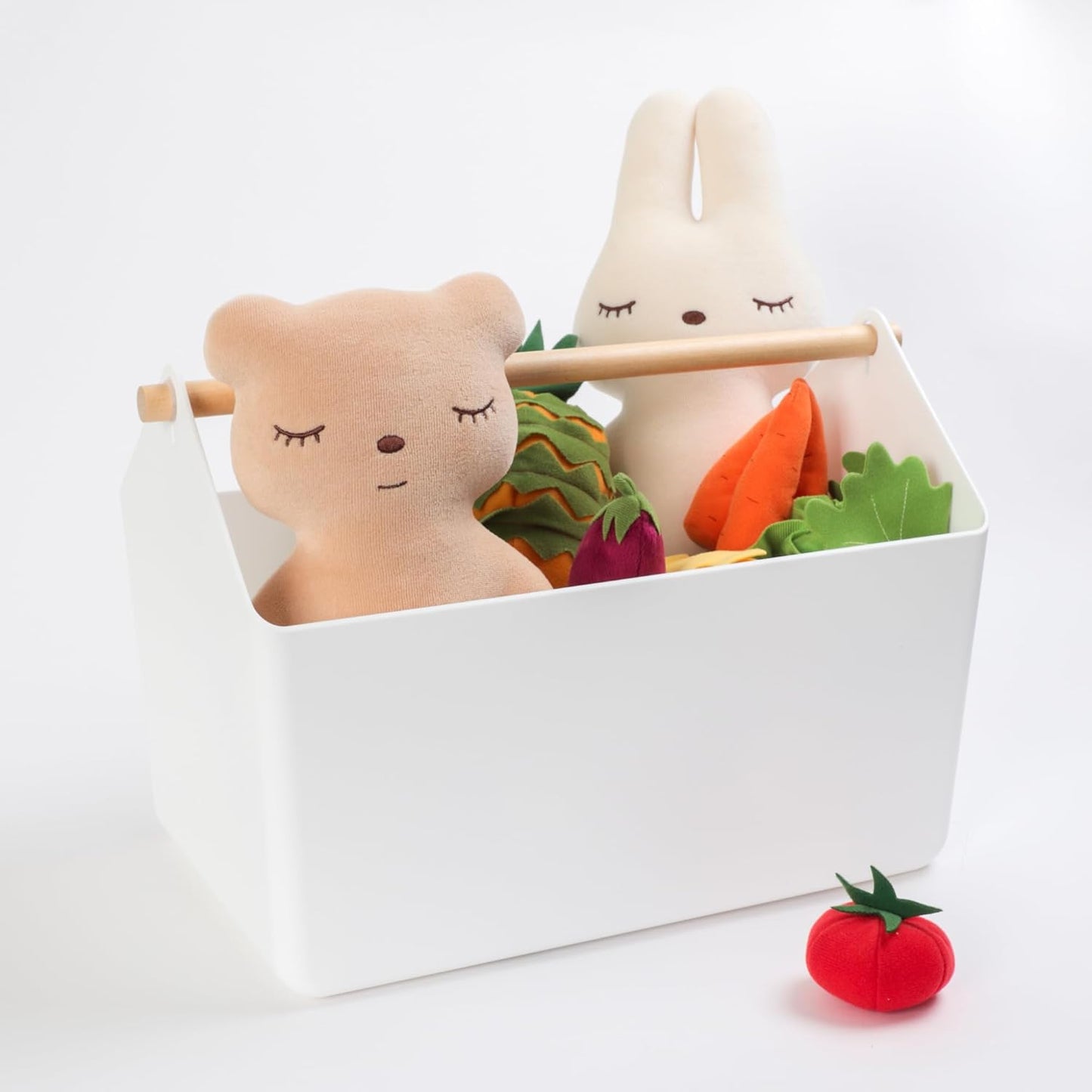 BLUE GINKGO Large Storage Basket – Plastic Caddy with Wooden Handle for Bathroom, Pantry, or Cleaning Supplies (White)