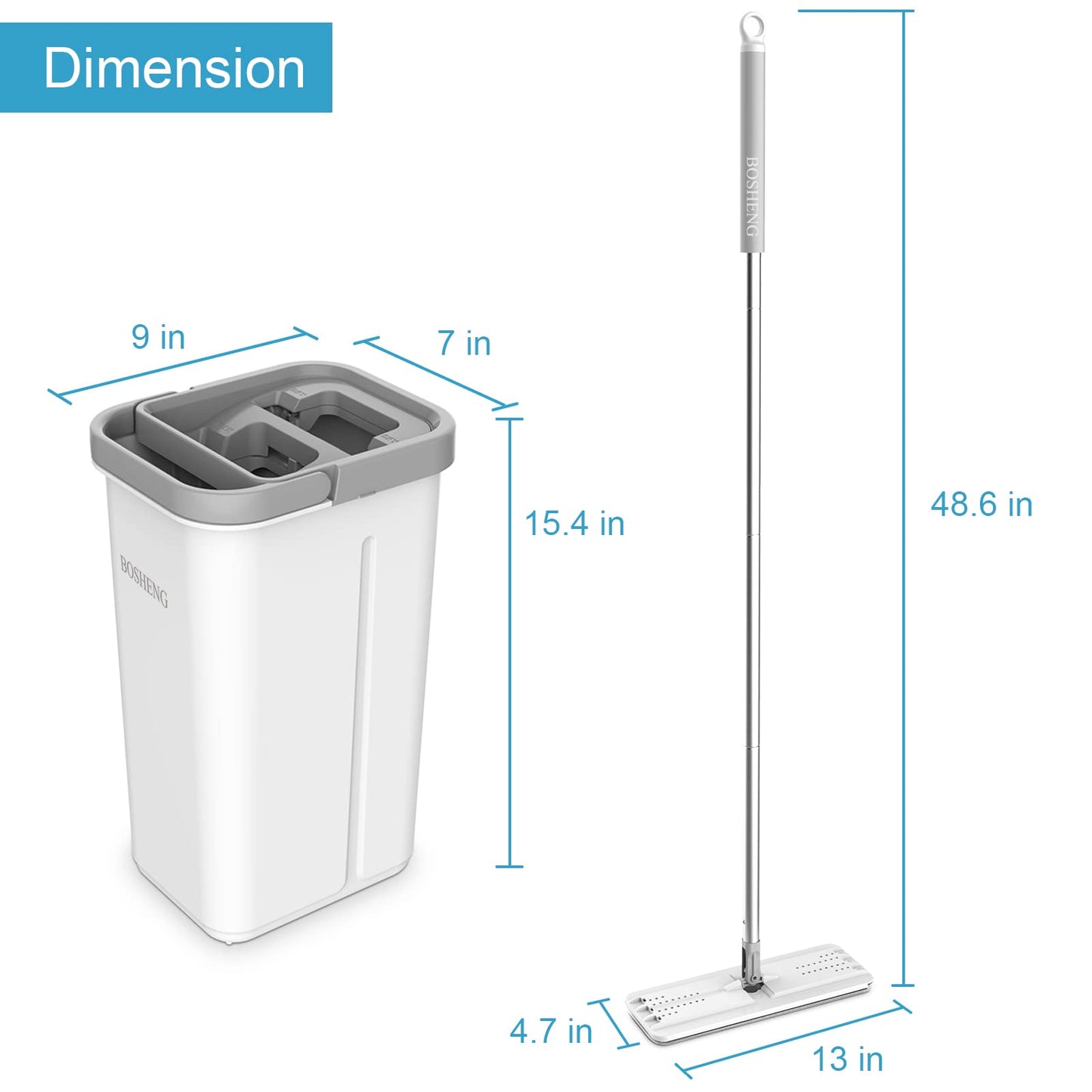 BOSHENG Mop and Bucket with Wringer Set, Hands Free Flat Floor Mop and Bucket, 3 Washable