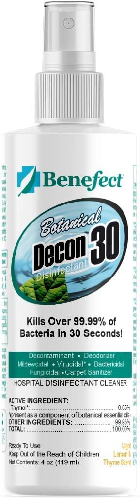 Benefect Botanical Decon 30 Disinfectant Cleaner, 4 oz. Spray Bottle, Light Lemon & Thyme Scent, Hospital Grade Disinfectant, Kills Over 99.99% of Germs, Safe for Food-Contact Surfaces (Pack of 4)
