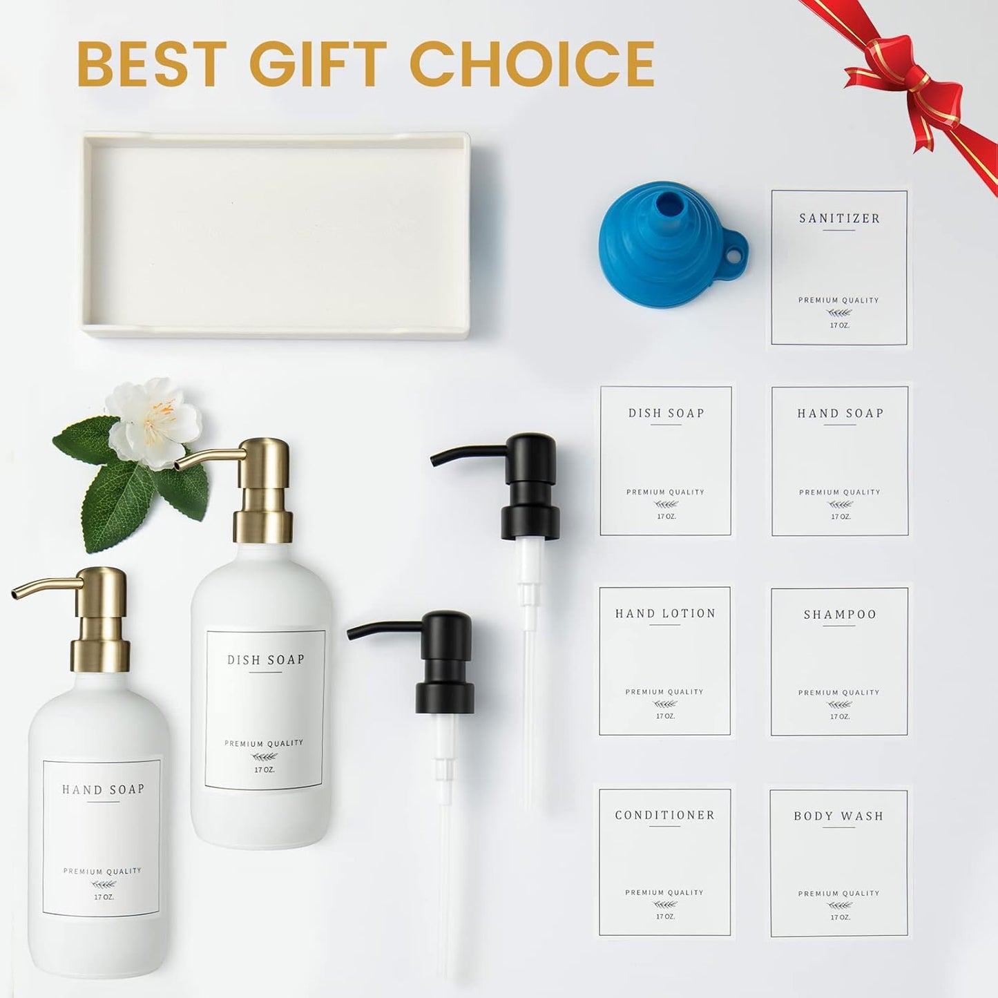 Glass Soap Dispenser for Kitchen Sink,Farmhouse Kitchen Dish Soap Dispenser&Hand Soap Dispenser Set,Rustproof Pump Soap Lotion Dispenser Bathroom with Tray,Waterproof Label for Decor(White