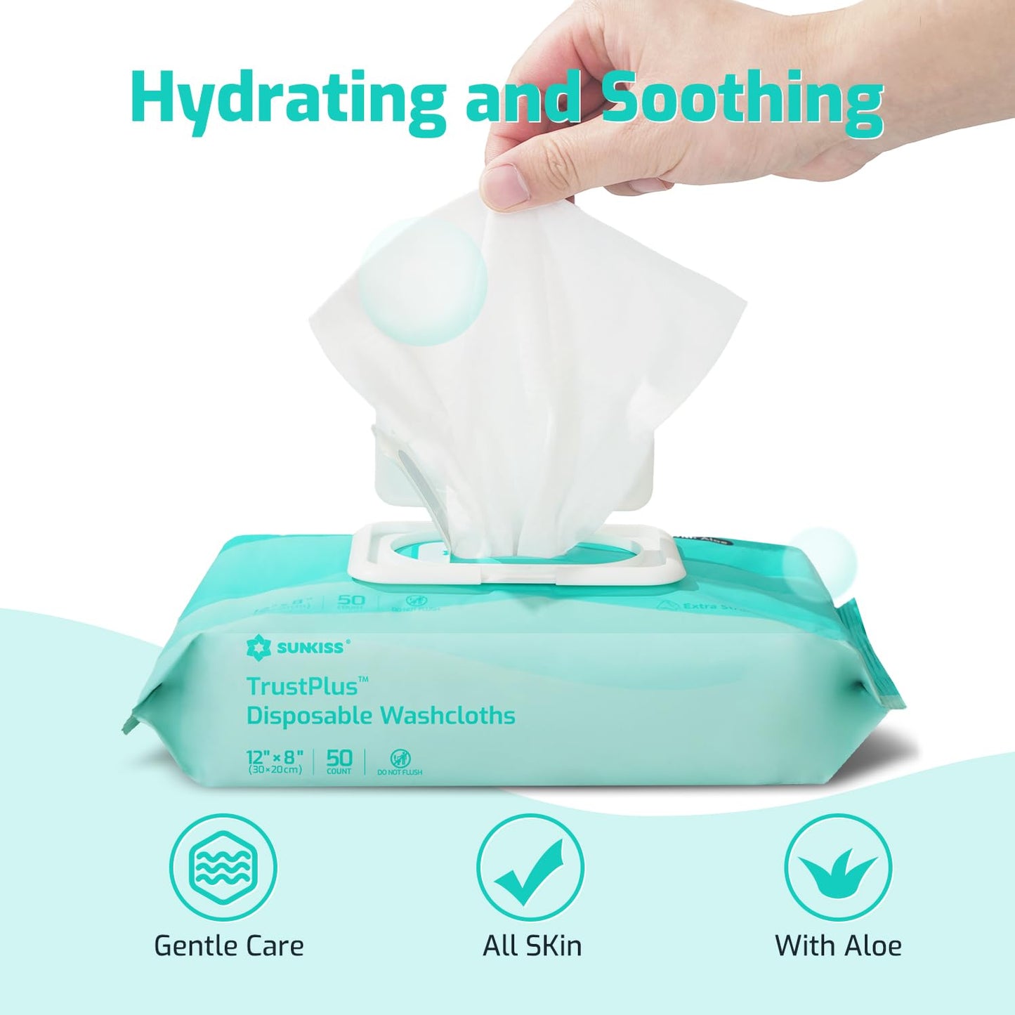 SUNKISS Trustplus Wet Wipes for Adult No Rinse, Extra Large 8”x12” Body Cleaning Washcloths for Elderly Incontinence & Cleansing, Unscented, 50 Count