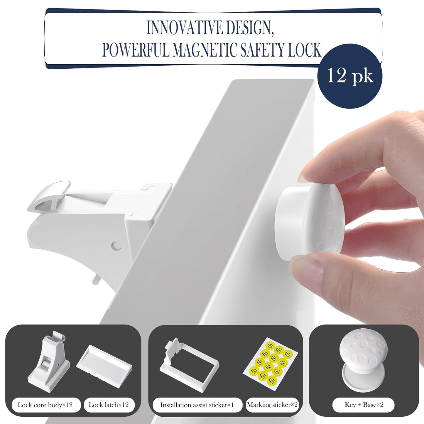 12 Pack Magnetic Cabinet Locks Baby Proofing, Child Proof Cabinet Locks, Child Safety Cupboard Drawers Latches - Adhesive Easy Installation