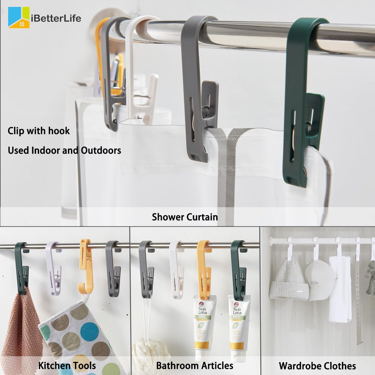 iBetterLife Laundry Hooks Hanging Clips - 8Pcs Heavy Duty Outdoor Clothes Pins, Closet Organizer Single Clip Hangers Clamps Socks Boot Bras Underwear Kids Towels for Bathroom Wardrobe Kitchen Office