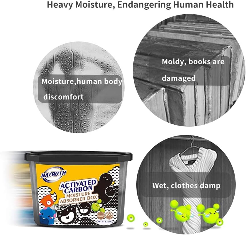 NATRUTH 500mL Moisture Absorber boxes, Closet Dehumidifier, Eradicate Odor,Dehumidifiers and Air Freshener for Closet,Shoes Box, Bathrooms, Kitchen & Study, Boats,RVs (Activated Charcoal, 9 packs)