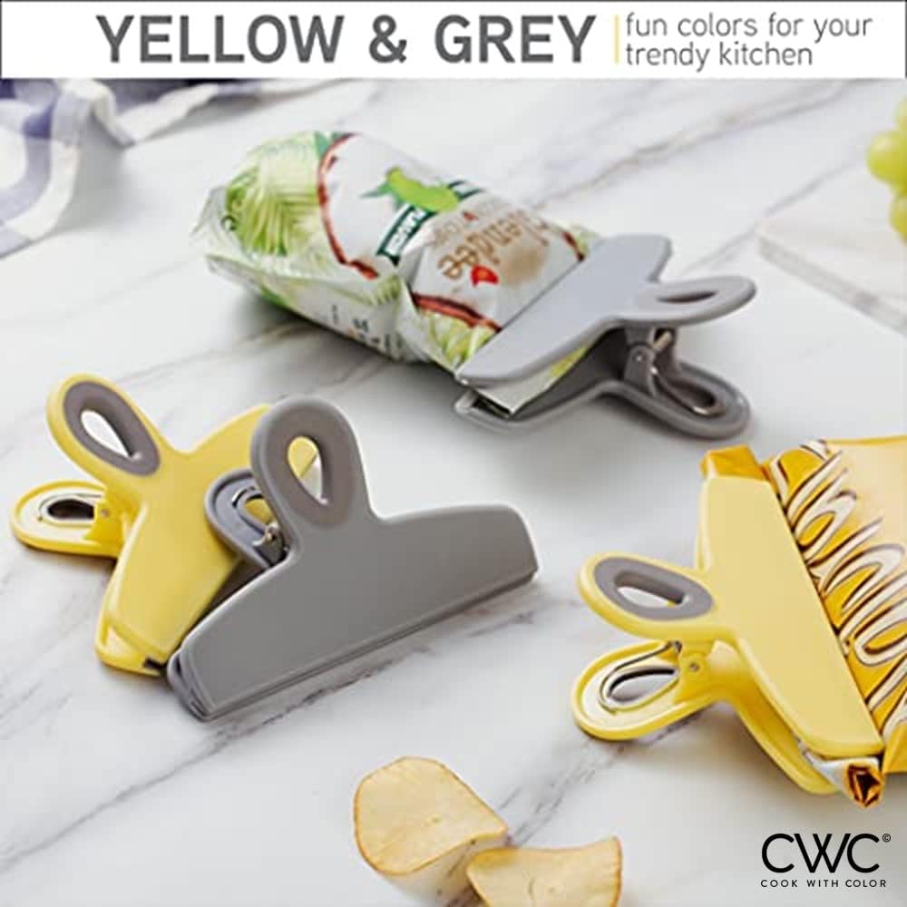 COOK WITH COLOR Bag Clips - Heavy Duty Chip Clip and Refrigerator Magnet Clips for Food Storage with Air Tight Seal Grip, Yellow and Grey, Pack of 8 Large Clips