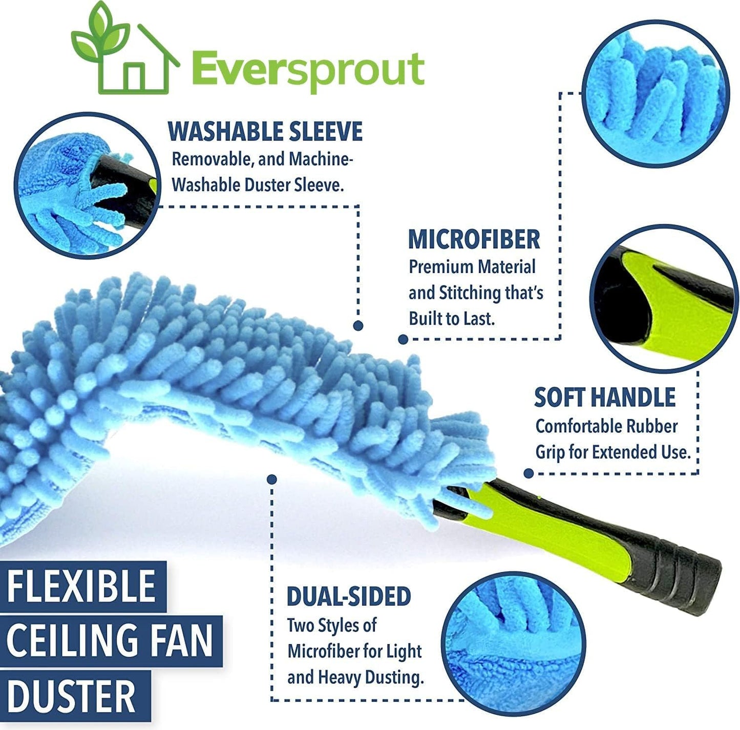 EVERSPROUT 3 Foot Flexible Microfiber Ceiling & Fan Duster | Bendable to Clean Any Fan Blade | Removable & Washable Brush Head | 3-Stage Lightweight Aluminum Extension Pole