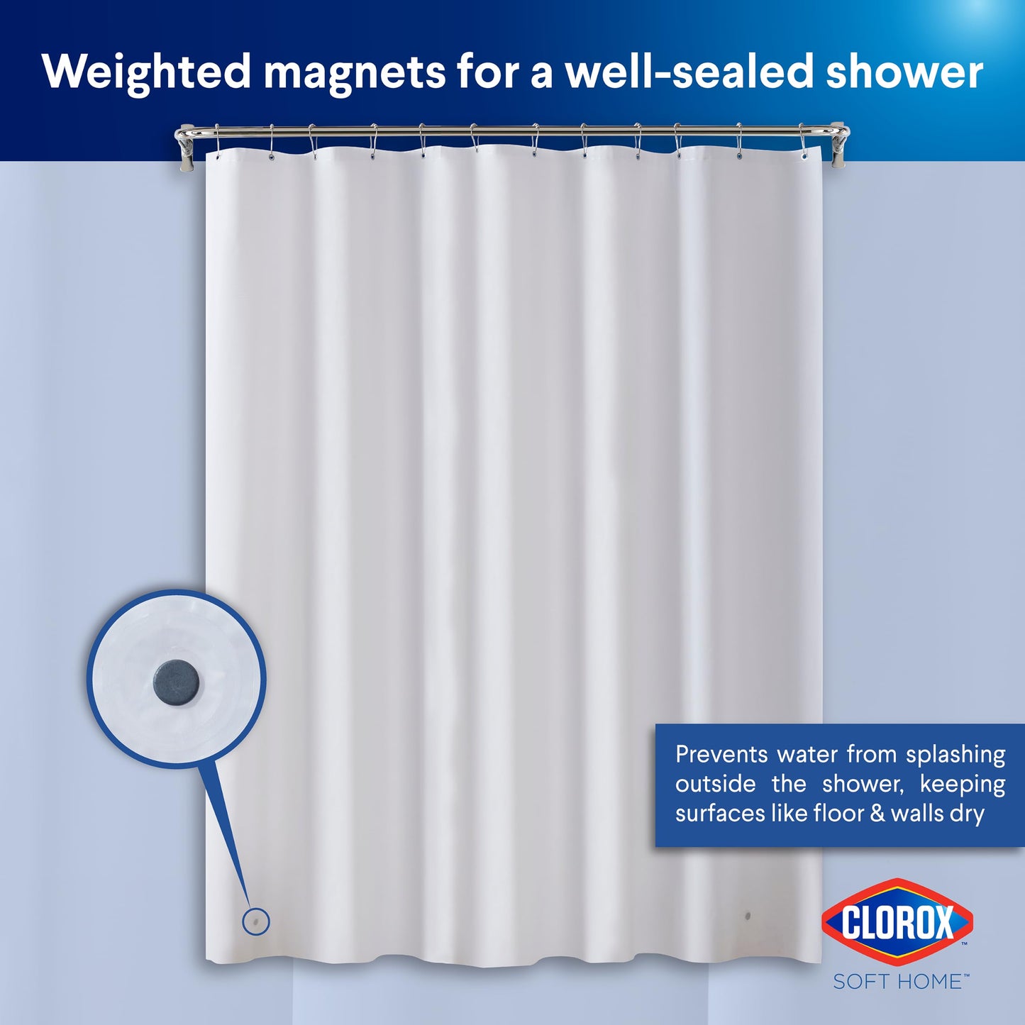 Clorox Shower Curtain Liner, Premium Medium-Weight Durable Waterproof 6g PEVA for Bathroom with